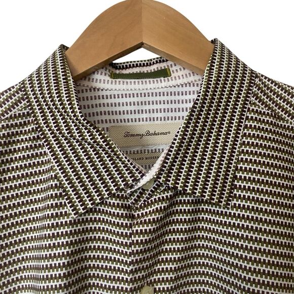 Tommy Bahama Island Modern Fit Mens  XXL Cotton Silk Button Up Shirt Brown White - Picture 6 of 13